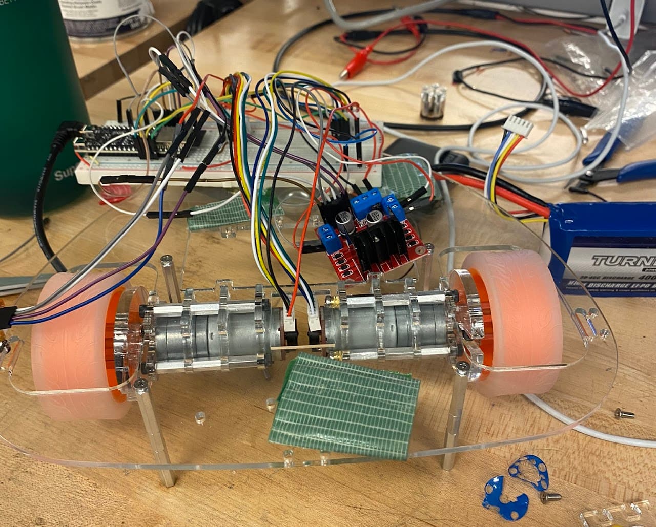To the left you can see our final design for the final project in this class. The goal was to create a semi-autonomous c